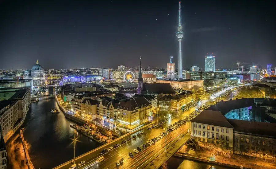 Night view of Berlin over the River Spree to Alexanderplatz