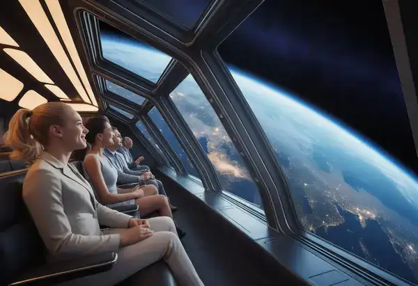 Space tourists enjoying the view of the planets