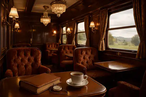 Interior of a vintage luxury train with plush seats, wooden paneling, and a table set with a travel journal, overlooking a countryside view.