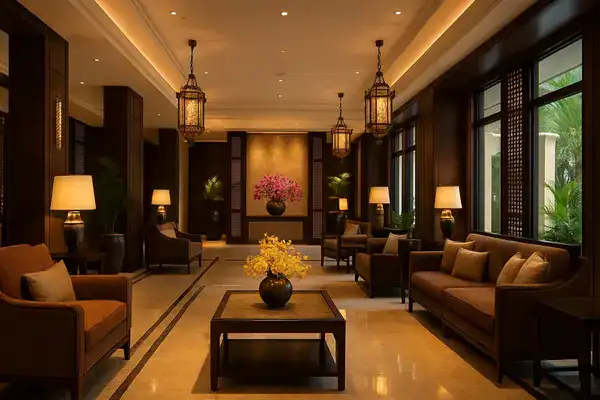 An elegant hotel lobby with polished floors, warm lighting, plush seating, and Asian-inspired decor.